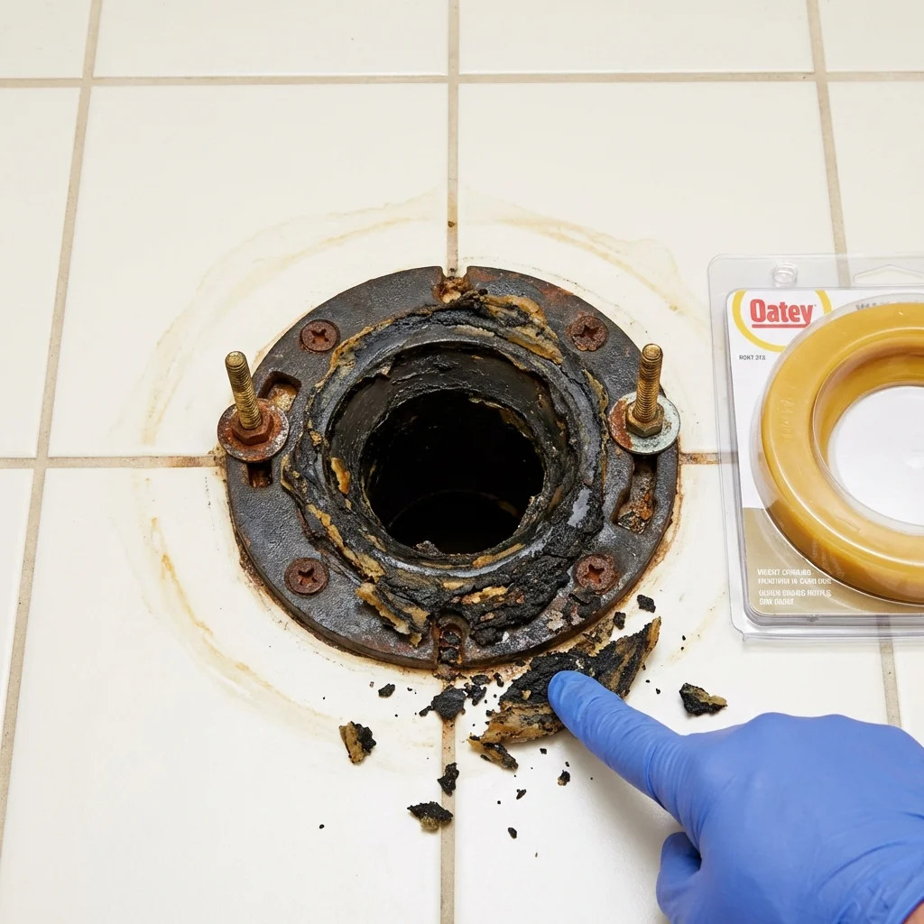 Failed wax ring showing water seepage at the base of a toilet in a Fayette, MO home