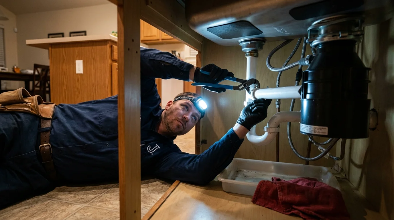 P-trap and supply line connections under a kitchen sink showing a common leak point in Fayette, MO